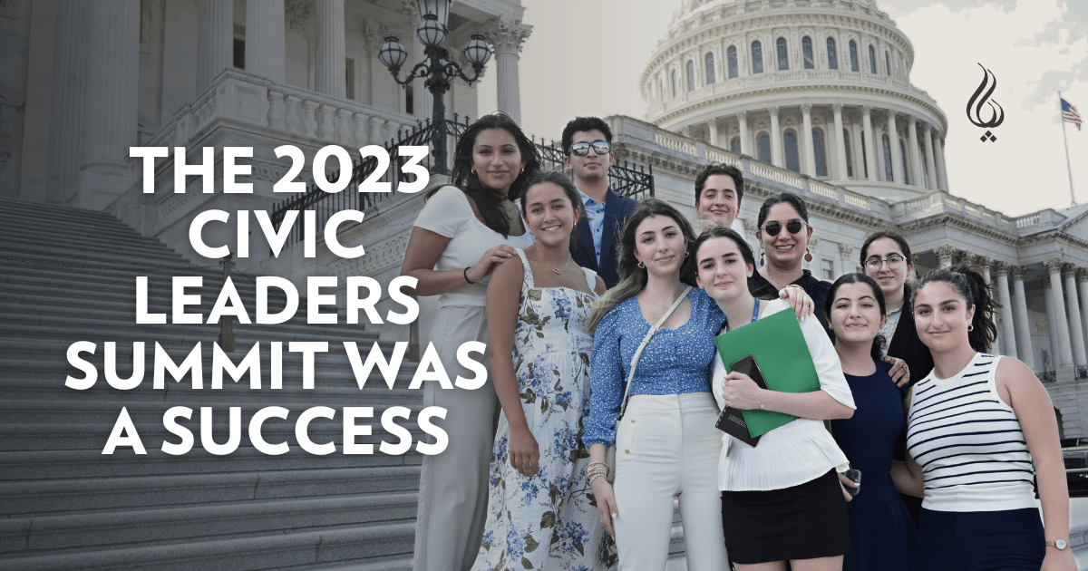 "The 2023 Civic Leaders Summit was a Success!" on top of an image of Iranian American youth in front of the U.S. Capitol